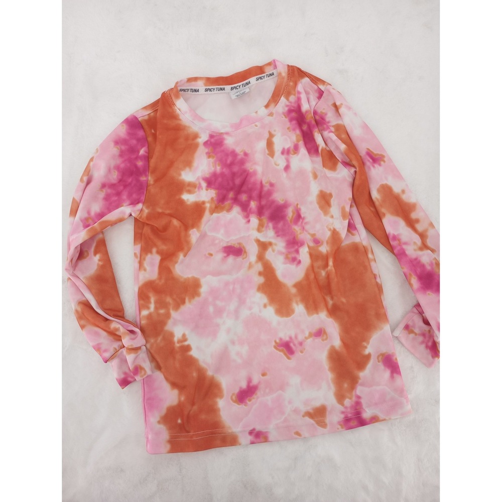 Spicy Tuna Long Sleeve Top Kids Large Pink‎ Orange Tie Dye Fishing Shirt